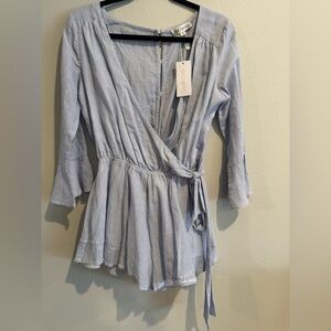 Showpo. Light Blue Striped Wrap Romper NWT